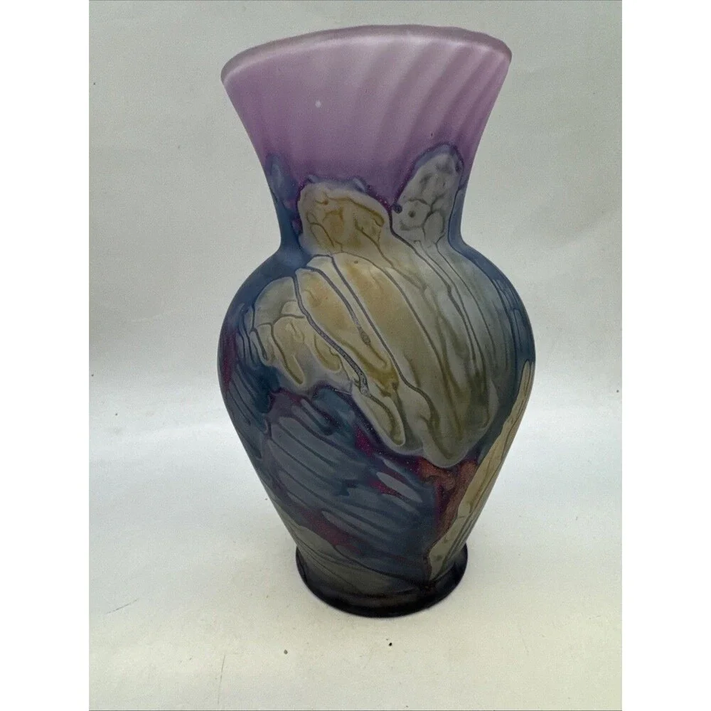 Rueven Nouveau Art Glass Frosted Hand Watercolor Painted Glass Vase Satin Matte